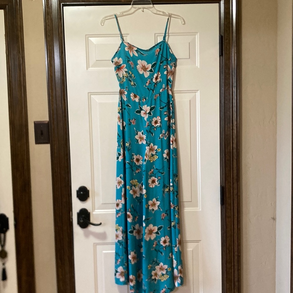 Small Chelsea & Violet Aqua and White Floral Spaghetti Strap Jumpsuit/Romper